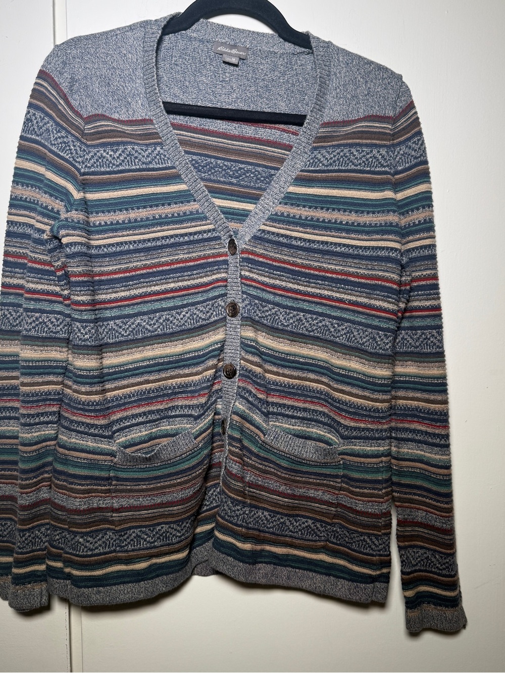Eddie Bauer Multicolor Striped V-Neck Cardigan Sweater Womens Medium